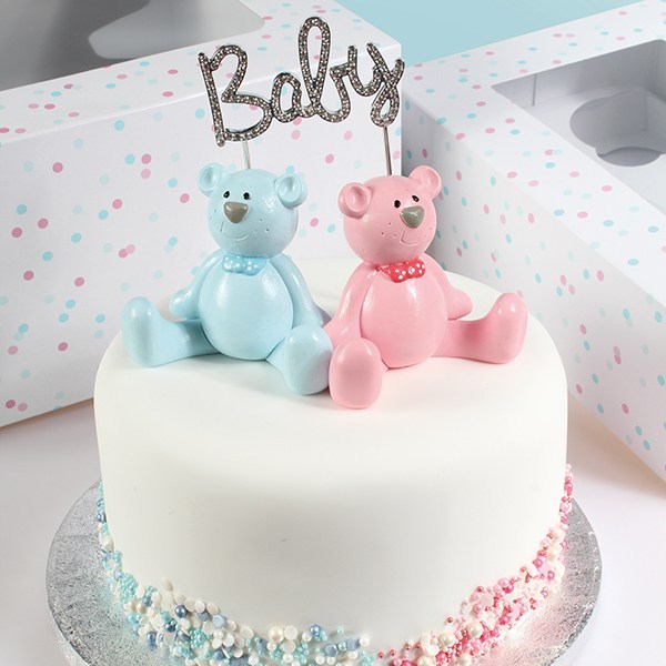 Bear Cake Toppers With Bows - Baby Shower Gender Reveal Birthday Party Decorations (Blue & Pink) - View #2