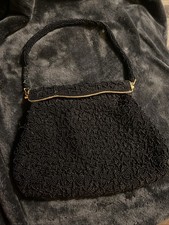Vintage Black Hand-Micro Beaded Evening Bag Gold Toned Frame Handle
