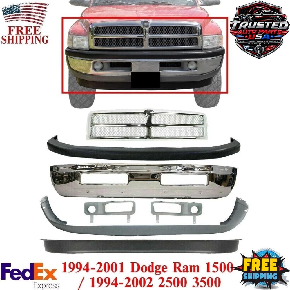 Front Bumper Chrome Kit + Grille + Fog Lamp Moldings For 1994-01 Dodge Ram 1500