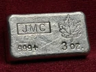 3 oz JMC Maple Leaf Johnson Matthey Canada Poured Vintage Silver Bar