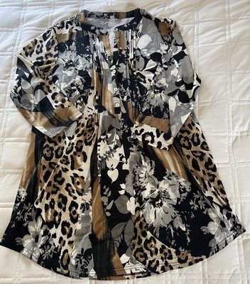 Woman s Size Large Safari Animal & Floral Serengeti 3/4 Sleeve Tunic Blouse