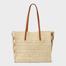 Straw Packable Checker Boxy Tote Handbag - Un...