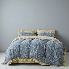 NEW Anthro Blue Yellow Floral Boho Ruffle Queen King Size Bedding Duvet Sham Set
