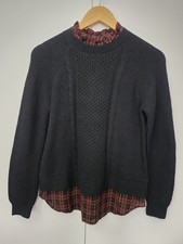 LOFT Petites Cable Knit Plaid Trim Sweater Ruffle Neck Holiday Layered Look XSP