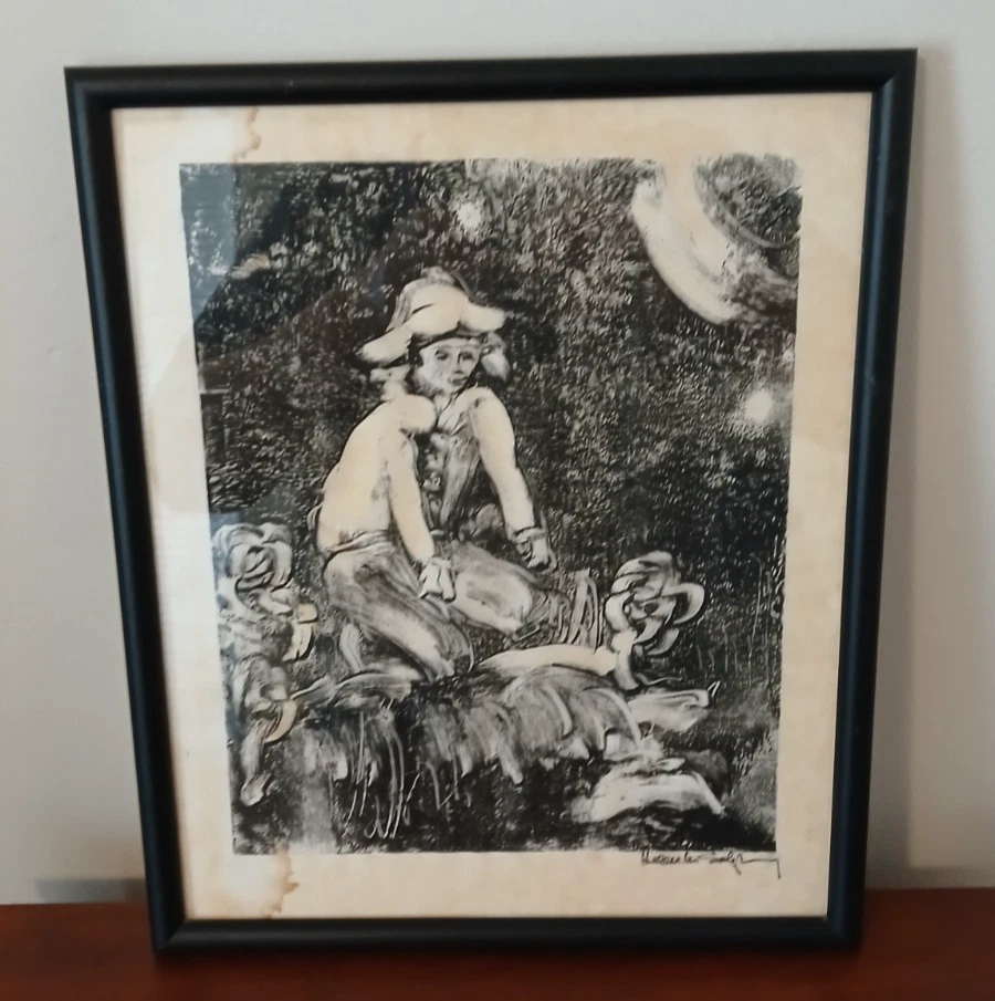 Antigua impresión en madera vintage en papel lavado a mano firmada por Halluler Solgray Foto 2 de 4