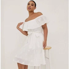 Torrid 0 (0X) New Off Shoulder Challis Floral Embroidery Tie Waist Skater Dress