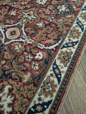 Vintage Floor Runner Rug Fringed Textured Navy Blue Brown Red Cream