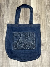 Vintage 3D Embossed Cat Denim Blue Jean Tote Bag USA Made EUC