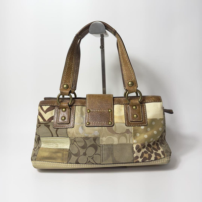 COACH 10816 Beige Signature Canvas Leather Patchwork Tote Hand Bag