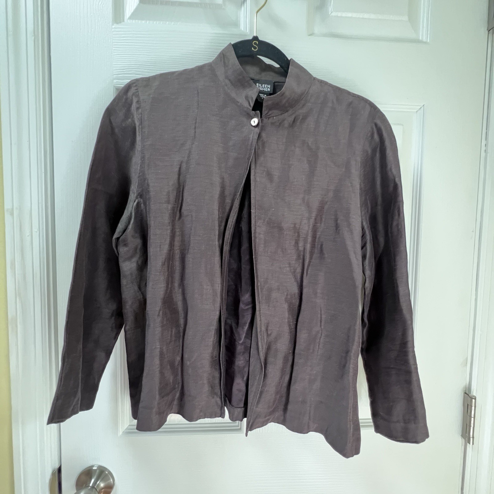 Eileen Fisher Lagenlook Japanese Collar Button Linen Silk Plum Brown Jacket S