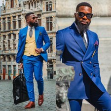 Men's Suit Slim Fit Peak Lapel Double Breasted Formal Business Casual Outfits