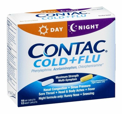 Contac Cold + Flu Acetaminophen Pain Fever Relief Day & Night Caplet 28Ct 6 Pack