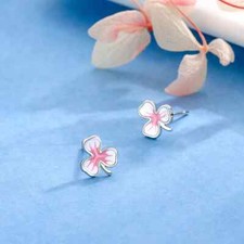 Shiny Pink  White Enamel Three Petal Floral Flower Design Women's Party Earring