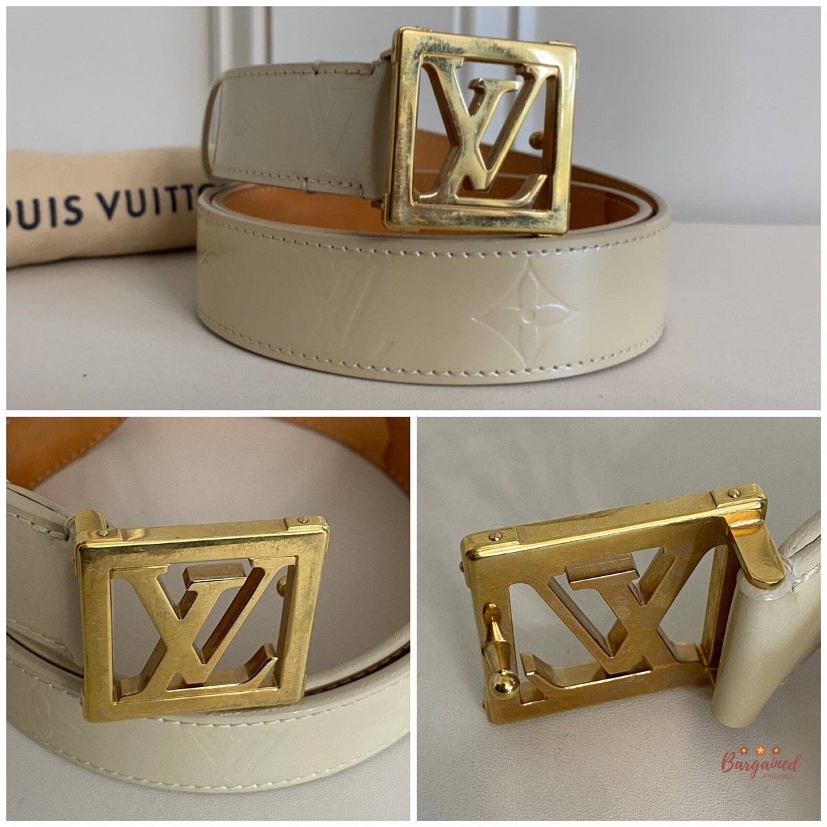 Authentic Louis Vuitton Blanc Corail Monogram Vernis LV Frame Belt