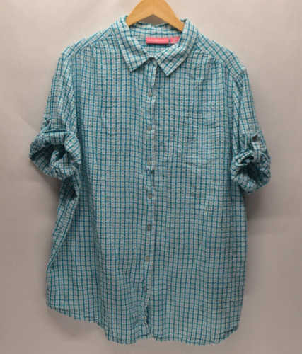 Woman Within Seersucker Shirt 1X Blue Short Roll Tab Sleeve Camp Casual Outdoor