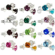 Birthstone Sterling Silver Stud Earrings w/ 4mm 0.25ct Each Crystals