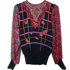 Diane Fres Floral Blouse Womens Size Medium Vintage 80s  Wool Blend Zebra Plaid