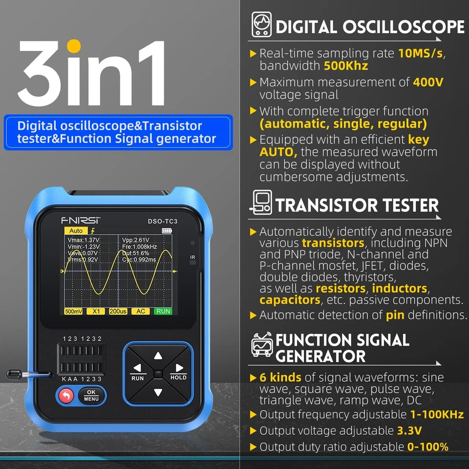 FNIRSI DSO-TC3 Oscilloscope Function Signal Generator Transistor Tester 3in1 - Image 4 of 4