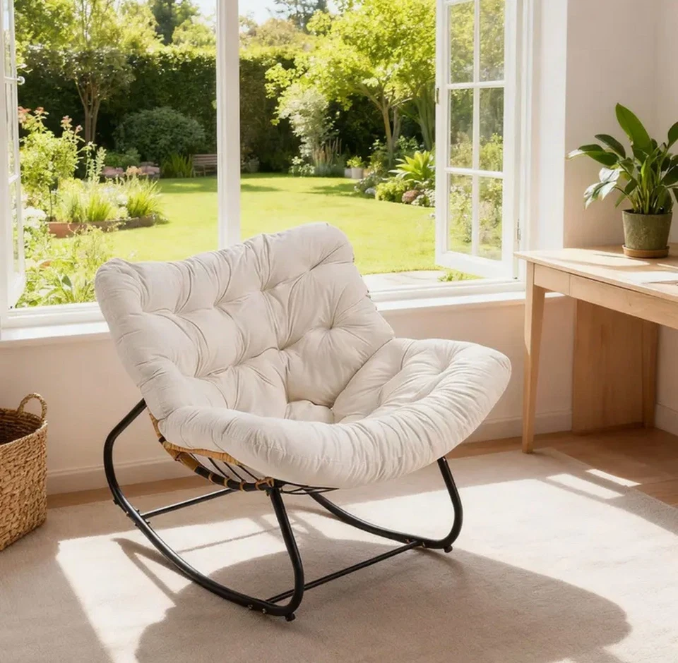 Garden Outdoor Rocking Chair Large Metal Frame Thick Padding Cream White - Image 4 of 4
