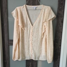 NINE WEST BLOUSE SIZE L PASTEL PINK IVORY ANIMAL RUFFLES BUTTON DOWN LS WOMENS