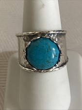Israel Designer Beautiful Hammered Sterling Silver Turquoise Ring Size 8.25