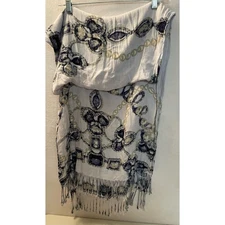 Apt 9 scarf Womens blue fringe dress wrap Wide Shaw Pearls Jewel Design