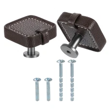 2pcs Leather Cabinet Knobs, 3.5cm/1.4" Square Leather Drawer Pulls, Brown