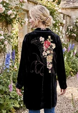 Johnny Was 1X 1XL Black Velvet Button Up Shirt Top Embroidered Long Sleeve NWT