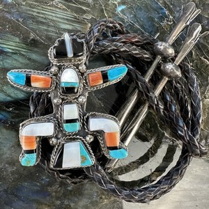 Beautiful Vintage Native American Sterling Silver Turquoise Coral Inlay Bolo Tie