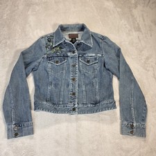 Calvin Klein Jean Jacket Womens Fits Medium Blue Denim Cropped Embroidered