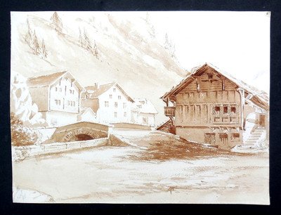 Antikes Sepia Gemälde ANDERMATT SCHWEIZ 1870 Chalet im Alpendorf aus dem 19. Jahrhundert