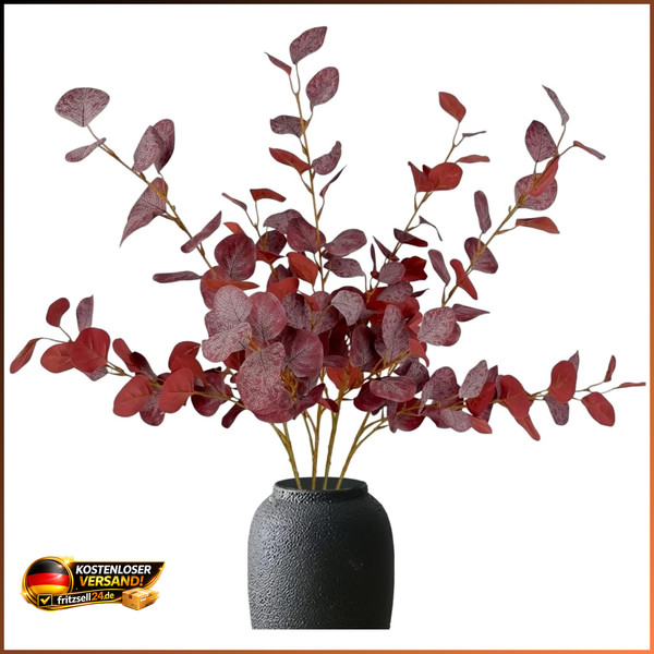 KüNstliche Eukalyptus Zweige 90 Cm Rot Herbst Deko Kunstpflanzen Tischdeko-image