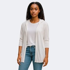 Sigrid Olsen White Linen Blend Hooded Cardigan Lightweight Travel Sweater Large