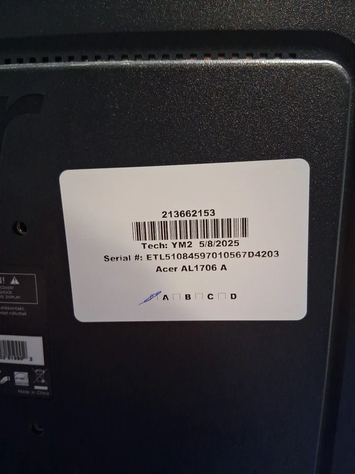 Monitor de computadora cuadrado Acer modelo AL1706AB 17 pulgadas con cable de alimentación Foto 3 de 4