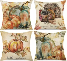Fall Pumpkin Pillow Covers 18X18 Inch Set of 4 Watercolor Pumpkin Turkey Autumn 