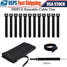 200PCS Black Cable Ties - Reusable Wire Cord Hook & Loop Straps Organizer