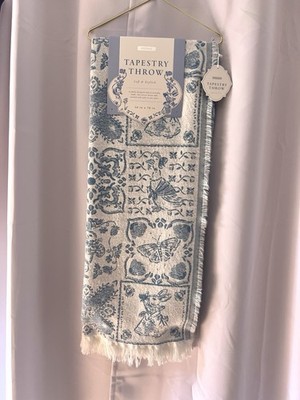 NWT Envogue Blue/White Tapestry Throw Blanket Geese Goose Butterfly Cottage Core