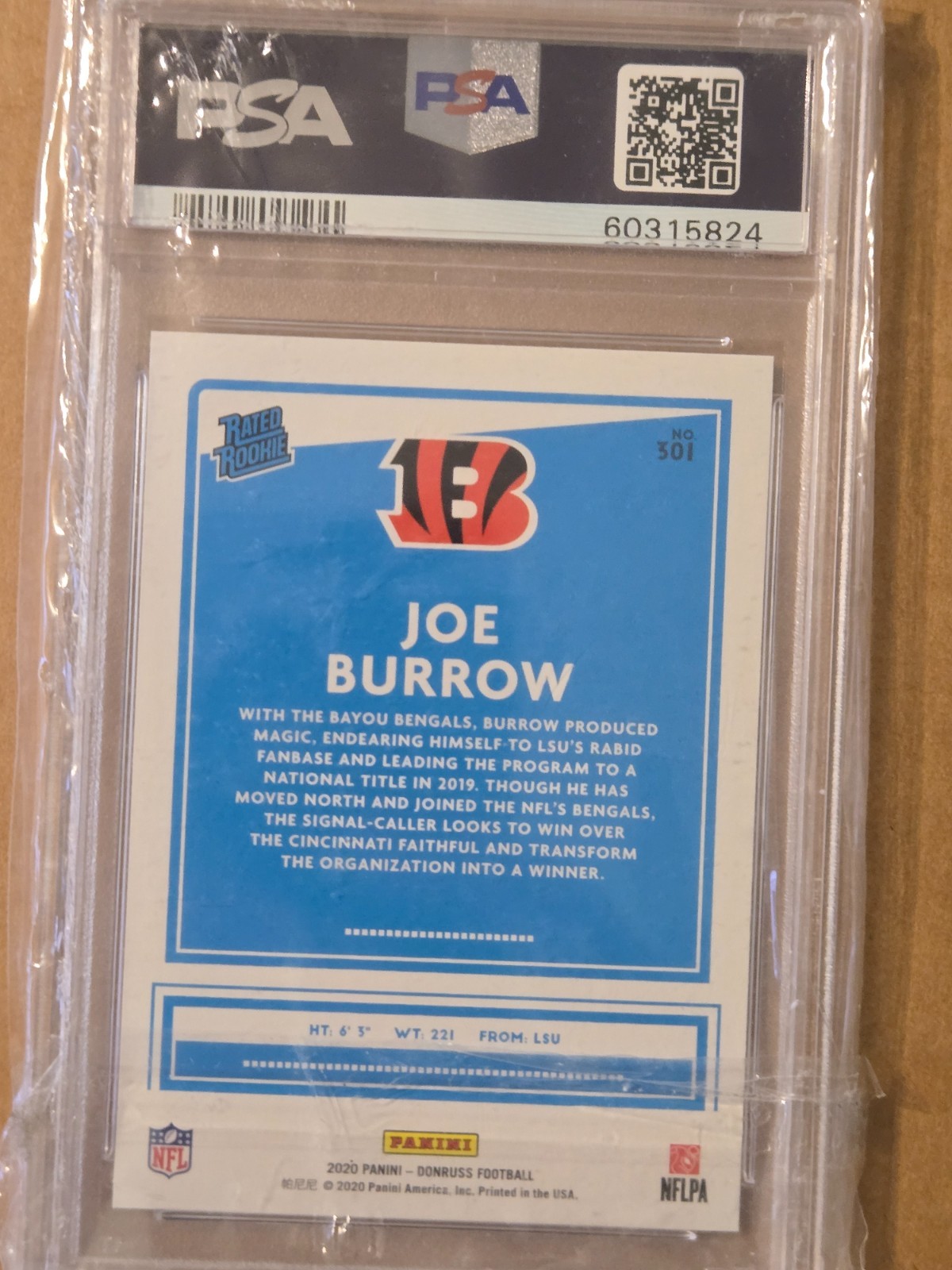 2020 DONRUSS JOE BURROW ROOKIE #301 GRADED PSA 10 GEM MINT view 3