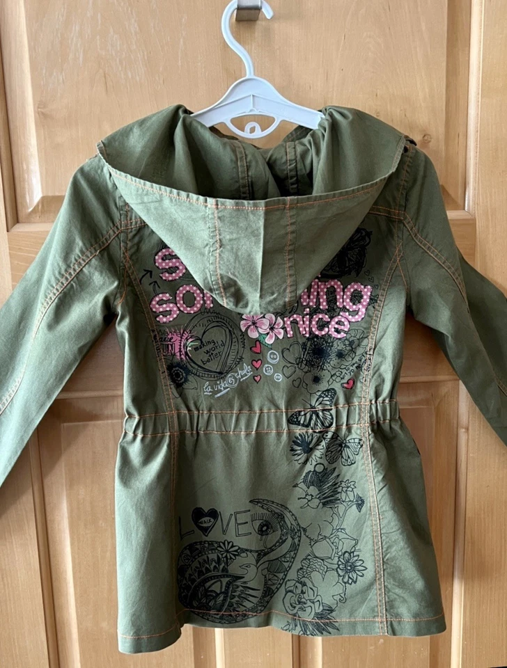 Kids Desigual Sz 9/10 Olive Green Cotton Jacket W/Hidden Hood Hip Length Fashion - Image 3 of 4