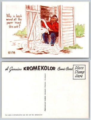 Vintage KROMEKOLOR Outhouse Humor Postcard Man Toilet Paper Cob Comic Art