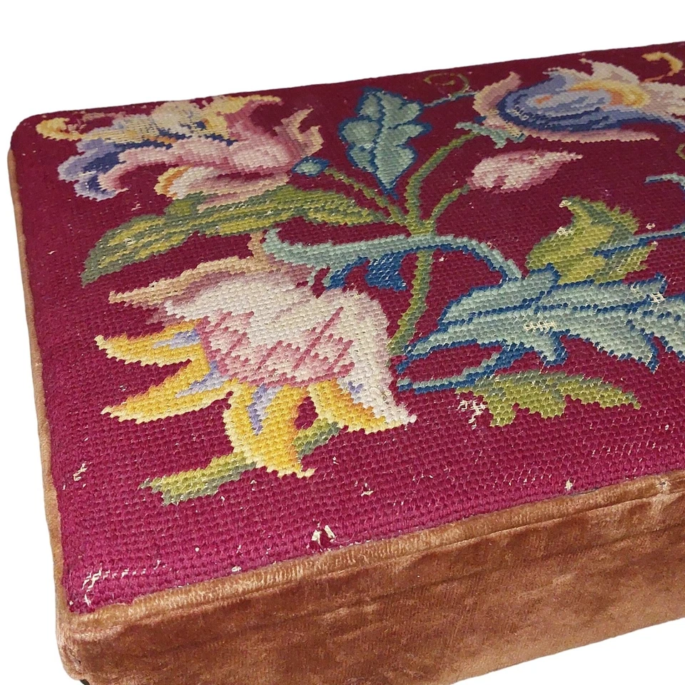 Vintage Floral Needlepoint Footstool with Velvet Sides & Solid Wood Legs - Image 4 of 4