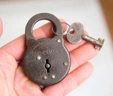 Antique Eagle 6 lever Padlock w/ key old vintage lock tool box chest trunk case