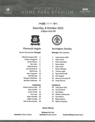 Plymouth Argyle v Accrington Stanley Teamsheet 8/10/2022