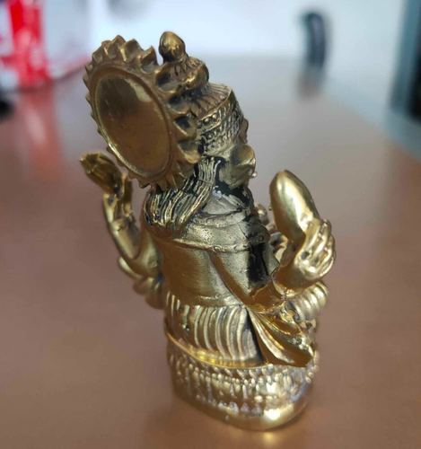 Gold Lord Ganesha Seated 4 Arms Brass Figurine Hindu Elephant God Home Decor 3" - Picture 6 of 11