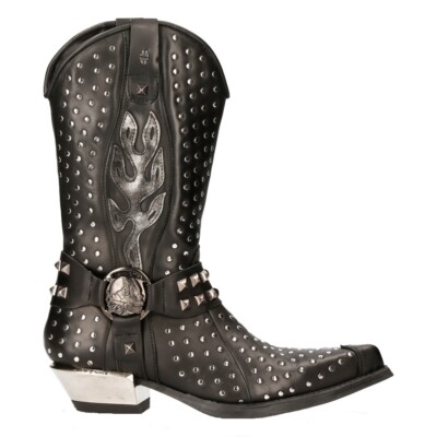 NEW ROCK M-7928-S1 WESTERN COWBOYSTIEFEL schwarz Leder schwer Biker SILBER NIETEN