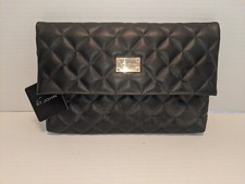 St John Quilted Leather Fold Over Clutch Handbag Black  Msrp $660