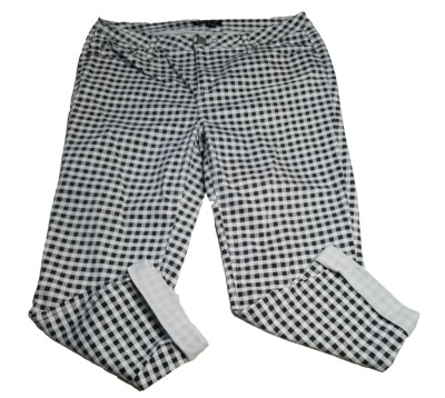 Baccini Women's Casual Stretch Capri Pants Black & White Check Raw Hems Size 12