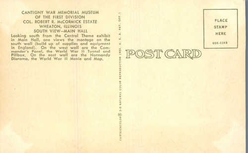 Postal Cantigny Segunda Guerra Mundial Memorial Museum McCormick Estate Wheaton Illinois 1960 - Imagen 2 de 2