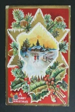 A Merry Christmas Church Holly Boughs Pine Cones Posted DB EMB Postcard 