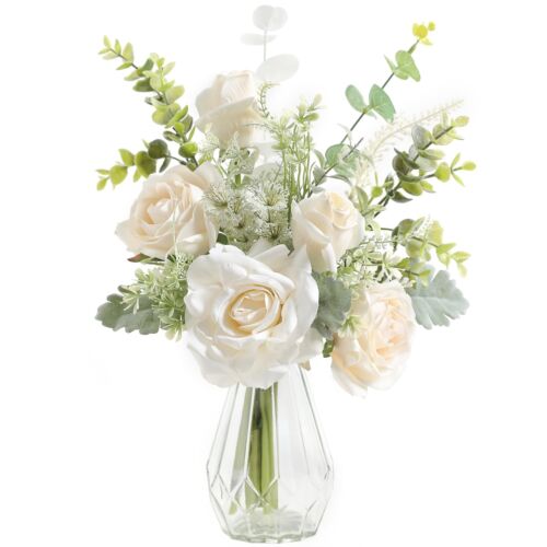 White Silk Roses & Eucalyptus in Vase Faux Flower Arrangement for Home Office
